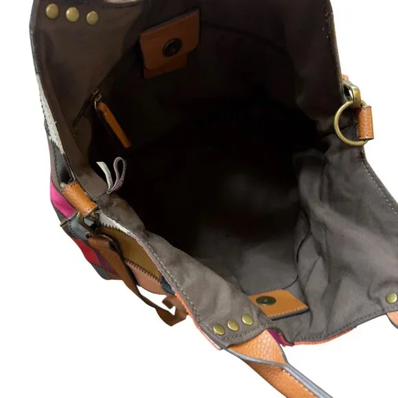 Booba Patchwork Leather Tote Bag Multicolor Squares Brown Handles Dopamine Boho - Picture 15 of 16